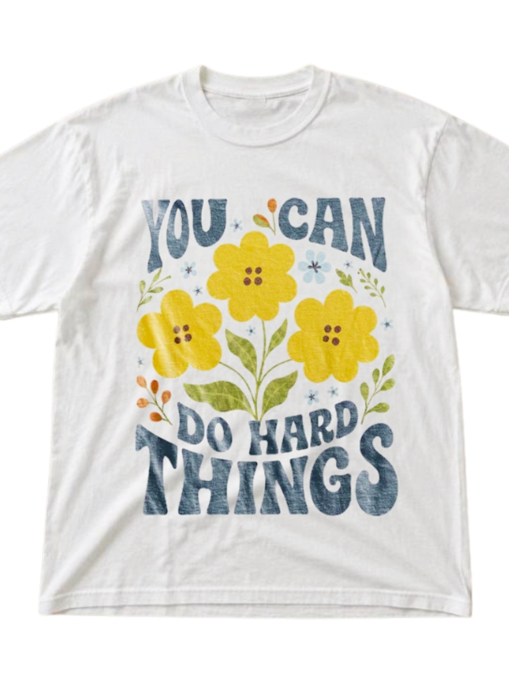 Gildan White Graphic Tee with Yellow Floral Design and Blue Text